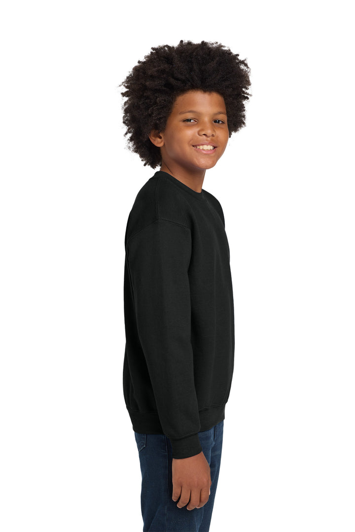 Black Gildan Youth Heavy Blend Crewneck Sweatshirt. 18000B