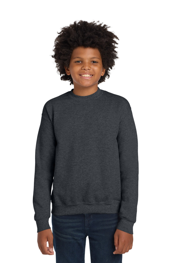 DarkHthr Gildan Youth Heavy Blend Crewneck Sweatshirt. 18000B