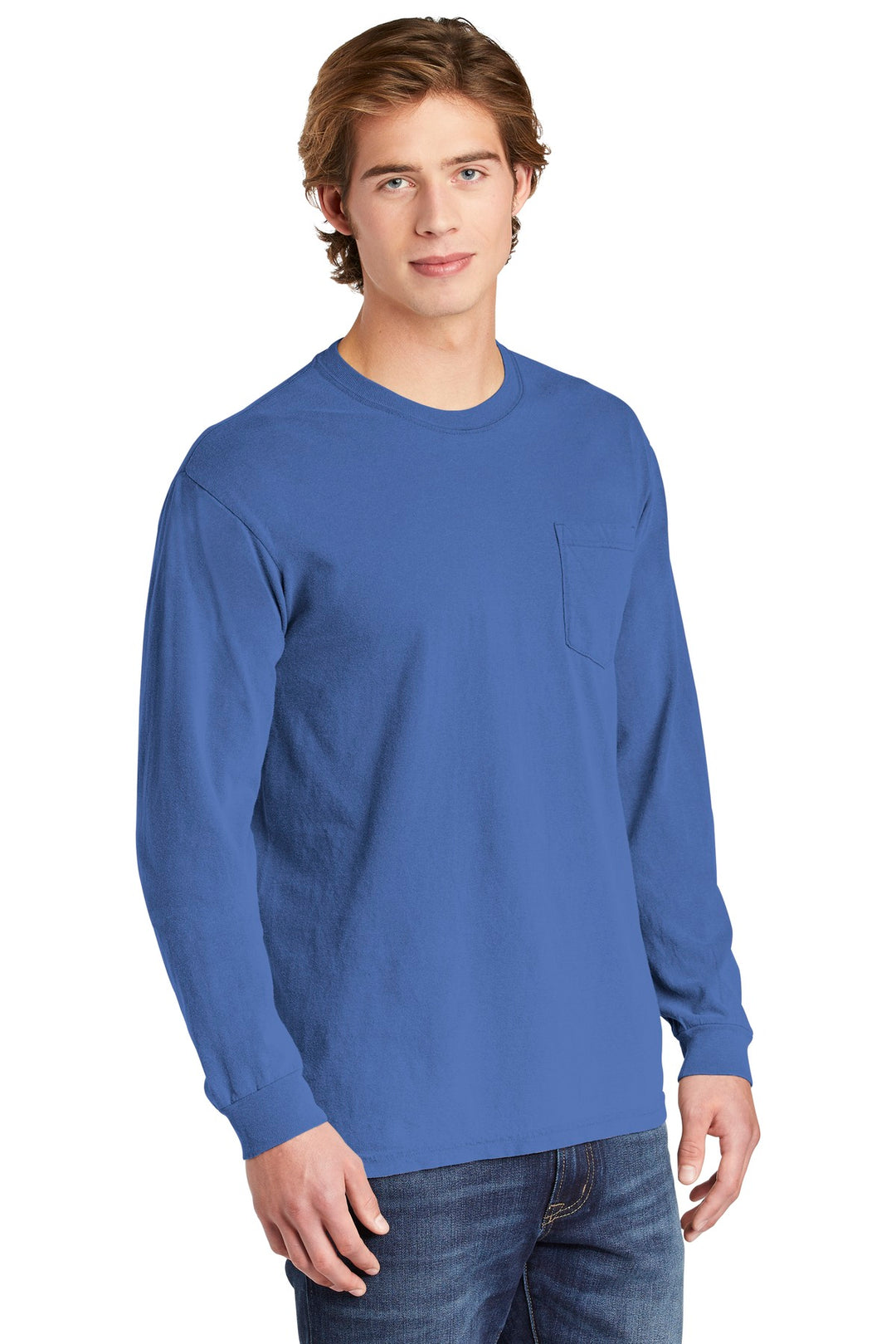 Flo Blue COMFORT COLORS Heavyweight Ring Spun Long Sleeve Pocket Tee. 4410