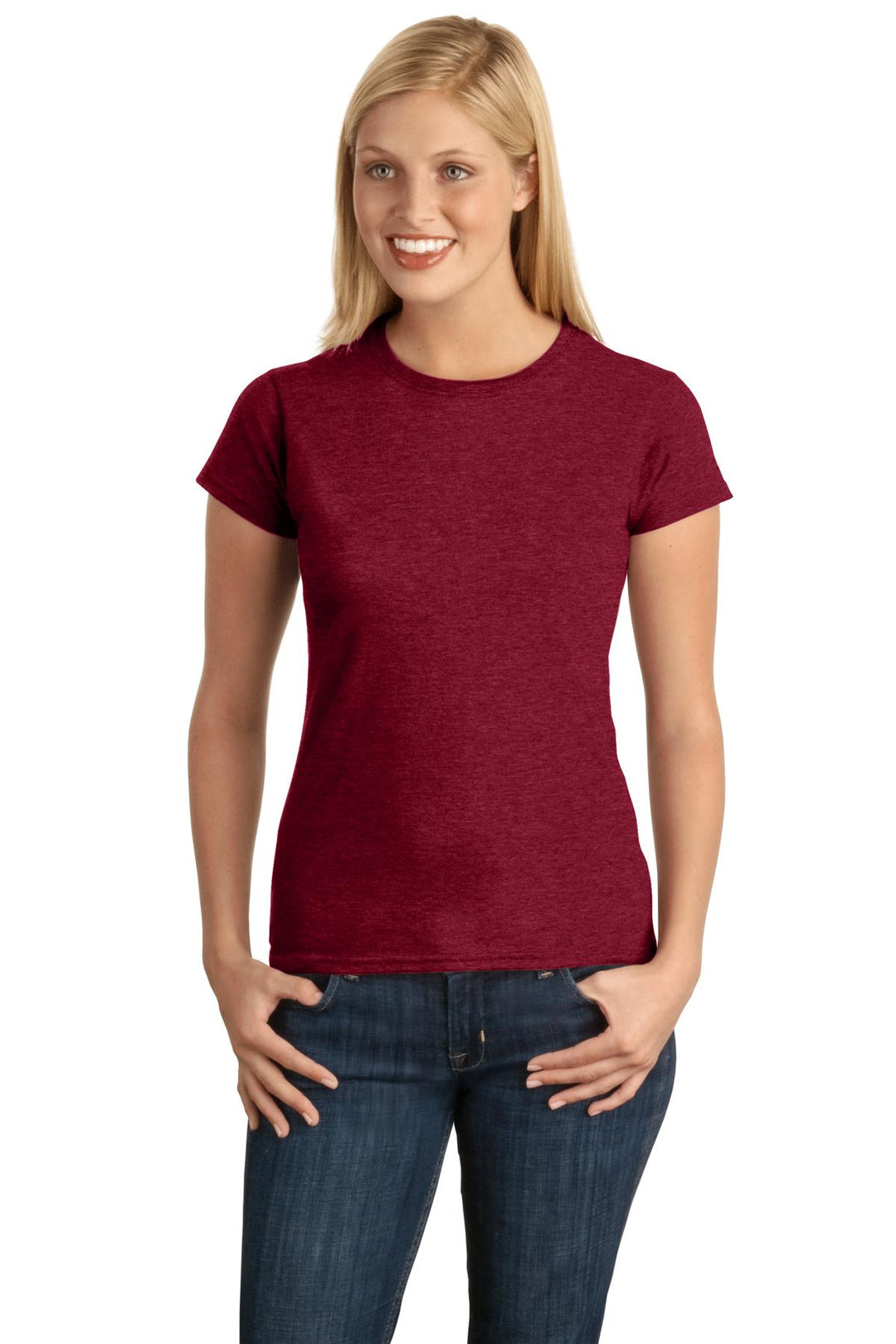 Front View of Antqu Chry Red Gildan Softstyle Women's T-Shirt. 64000L
