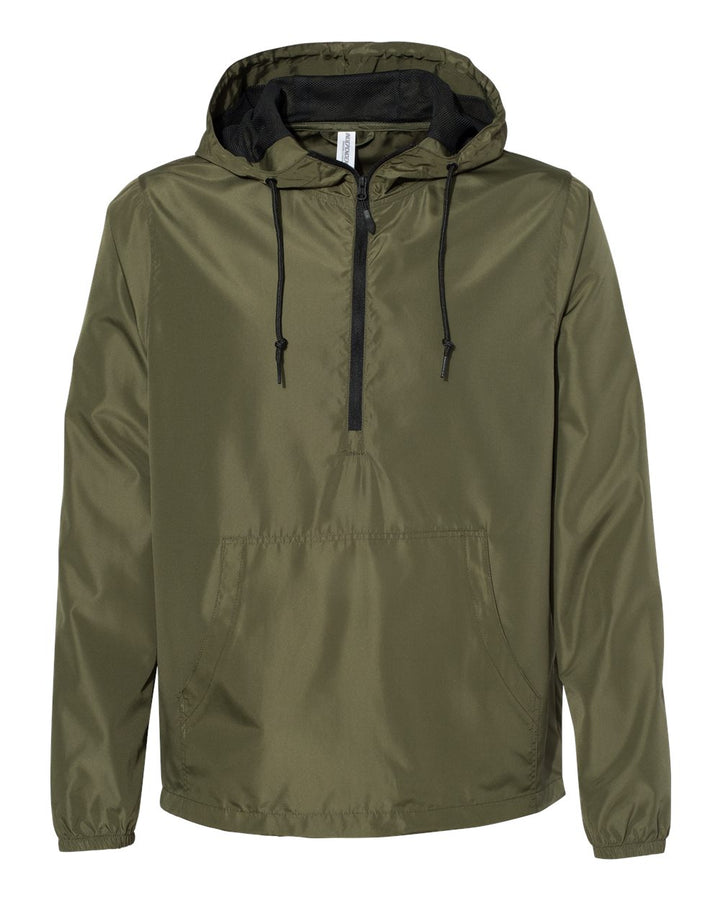 Front View of Army/ Black Zipper Lightweight Quarter-Zip Windbreaker Pullover Jacket - EXP54LWP