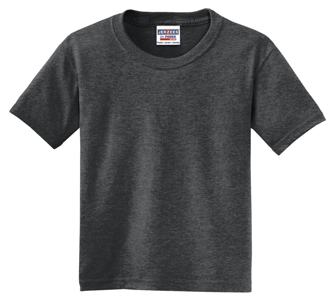 Front View of Black Hthr Jerzees - Youth Dri-Power 50/50 Cotton/Poly T-Shirt. 29B