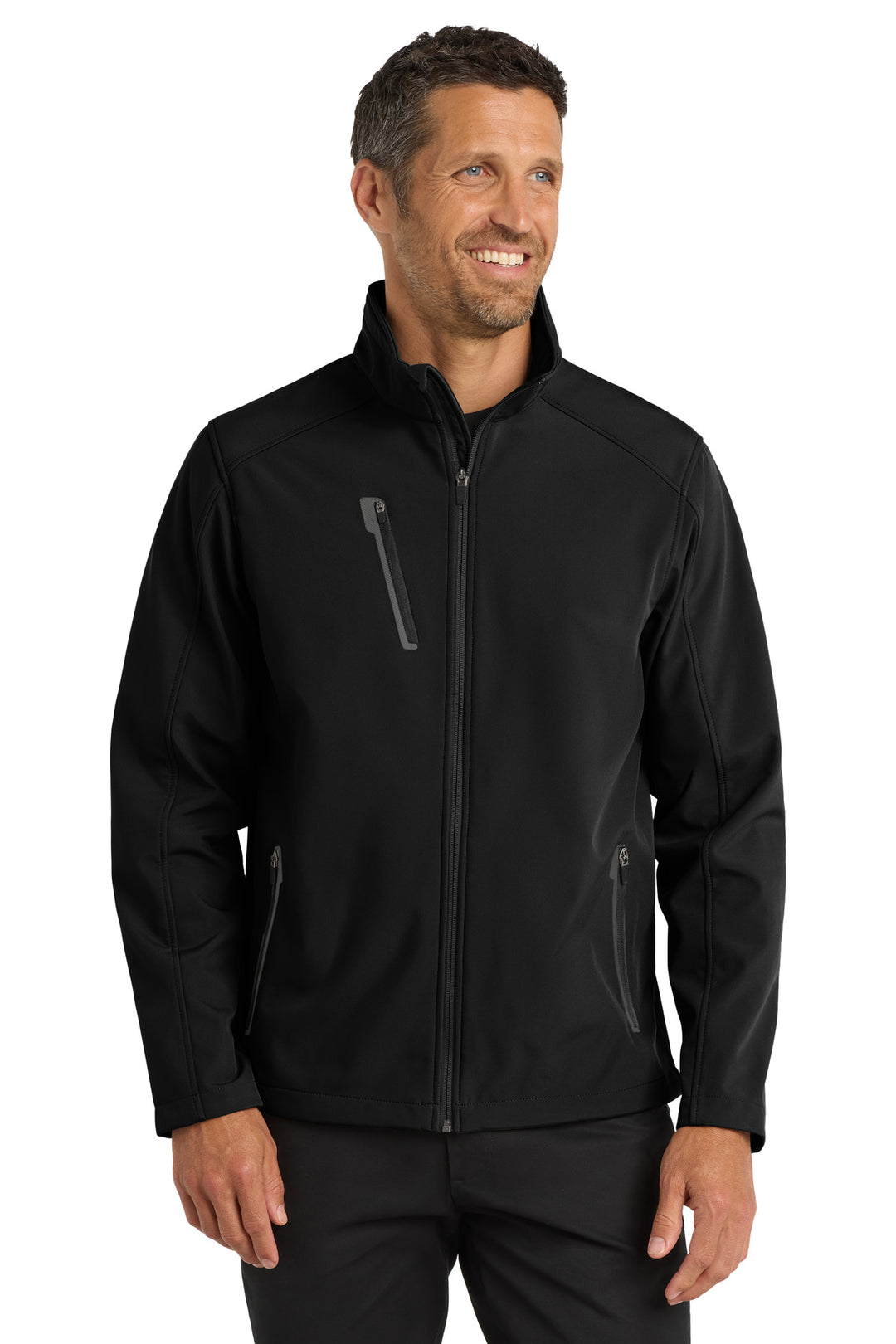 Front View of Black Port Authority Welded Soft Shell Jacket. J324