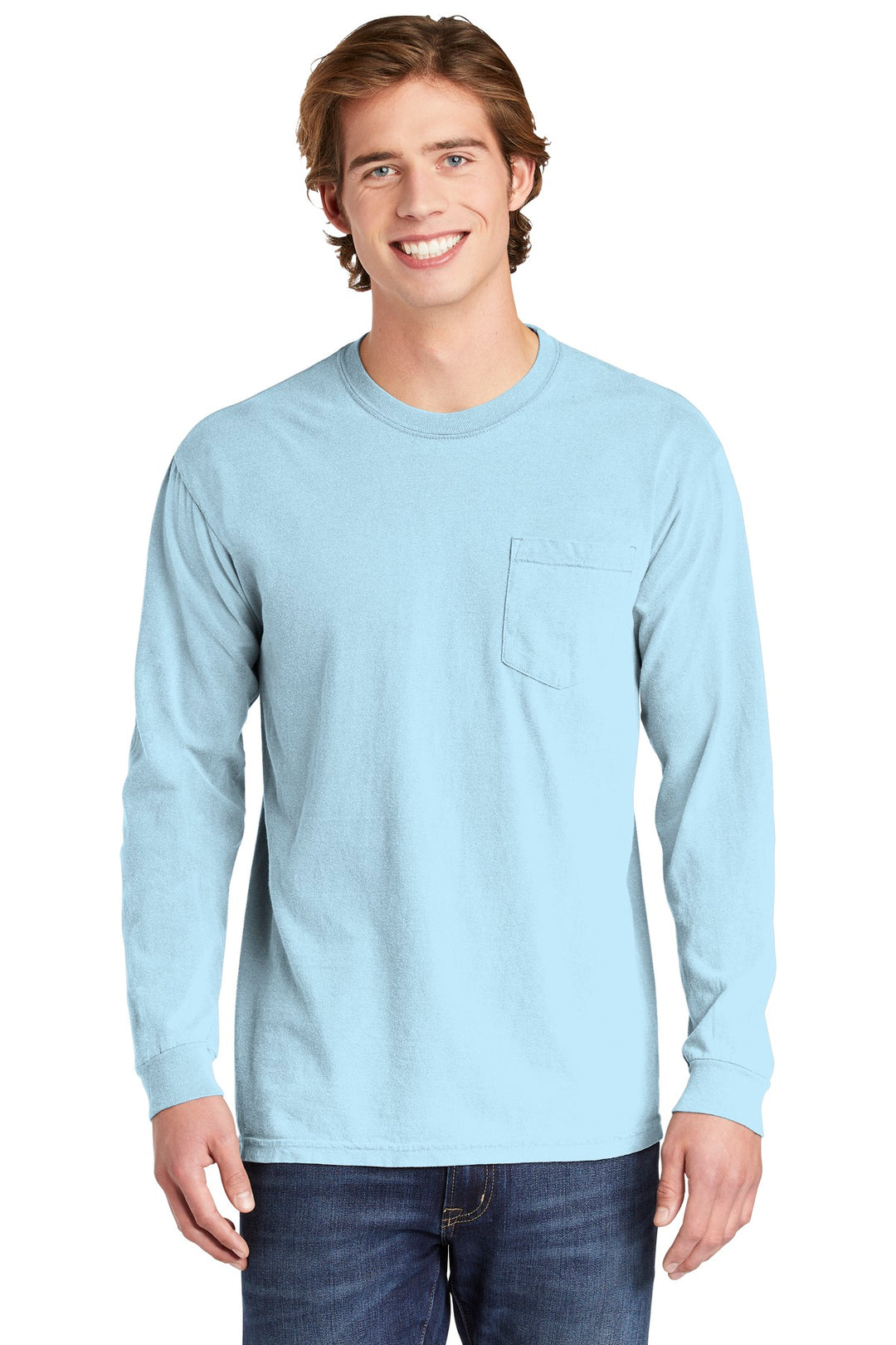 Front View of Chambray COMFORT COLORS Heavyweight Ring Spun Long Sleeve Pocket Tee. 4410