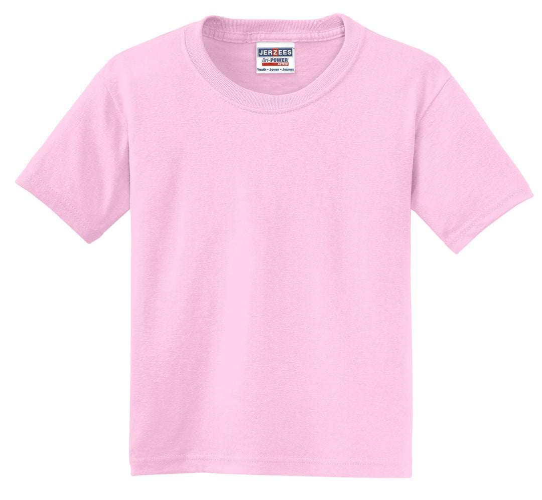 Front View of Classic Pink Jerzees - Youth Dri-Power 50/50 Cotton/Poly T-Shirt. 29B