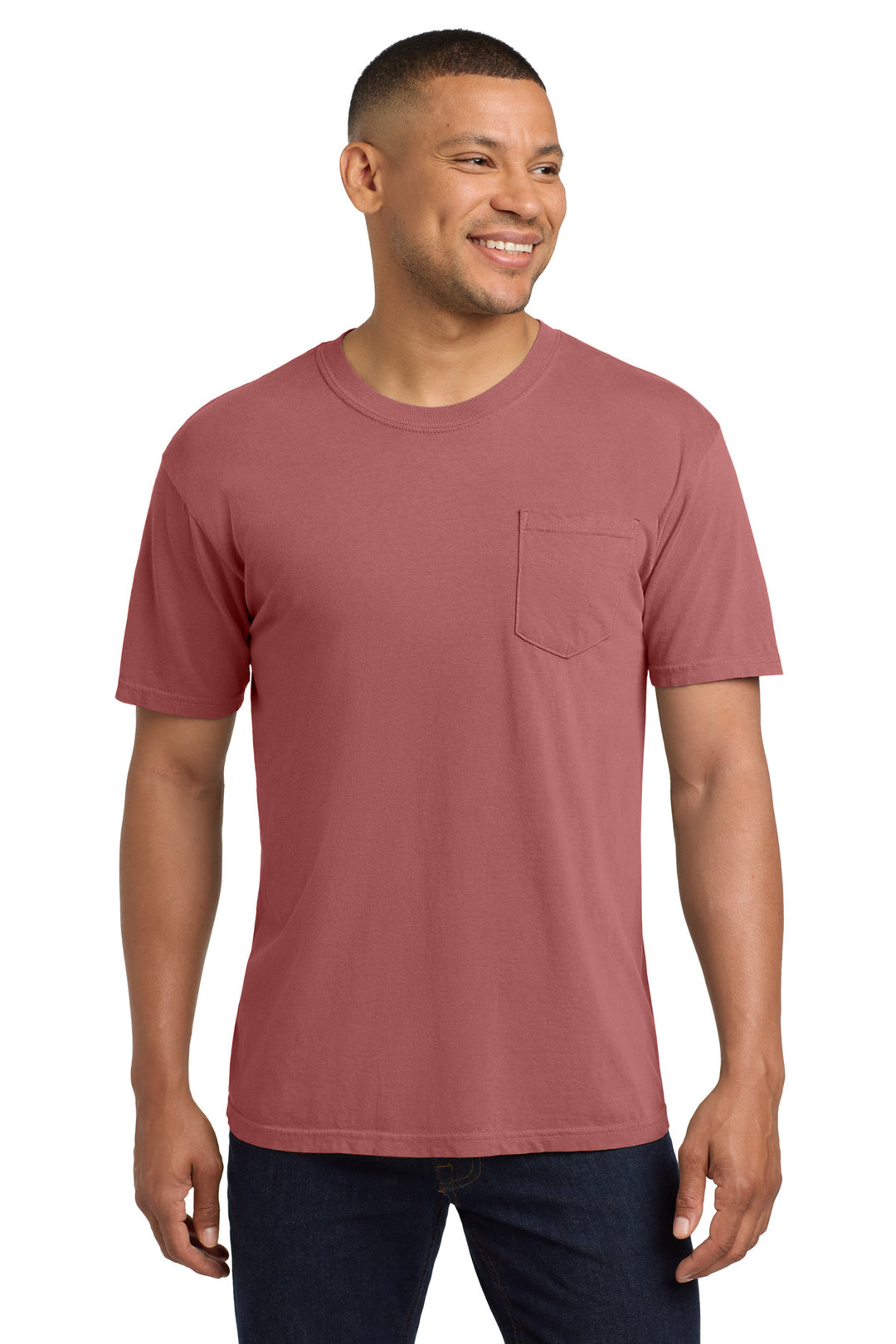 Front View of Crimson COMFORT COLORS Heavyweight Ring Spun Pocket Tee. 6030