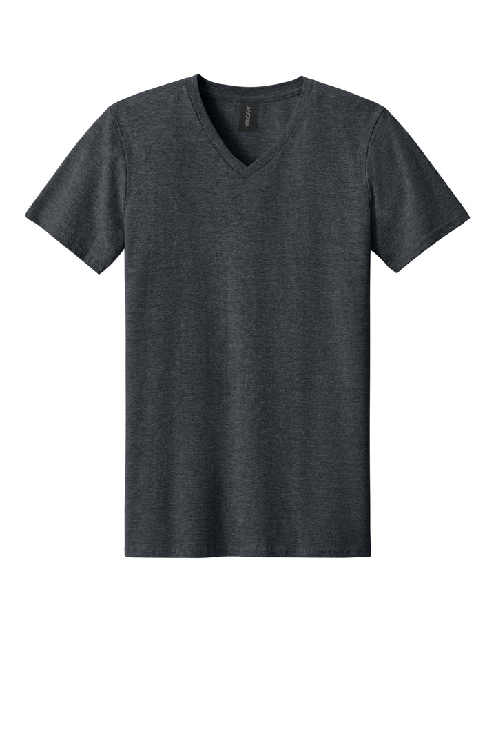 Front View of DarkHthr Gildan Softstyle V-Neck T-Shirt. 64V00