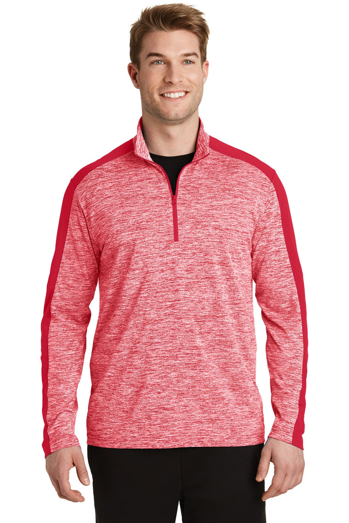 Front View of Dp Red E/Dp Rd Sport-Tek PosiCharge Electric Heather Colorblock 1/4-Zip Pullover. ST397