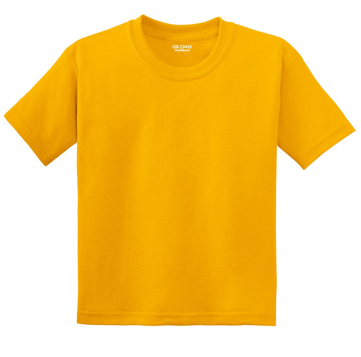 Front View of Gold Gildan Youth DryBlend 50 Cotton/50 Poly T-Shirt. 8000B