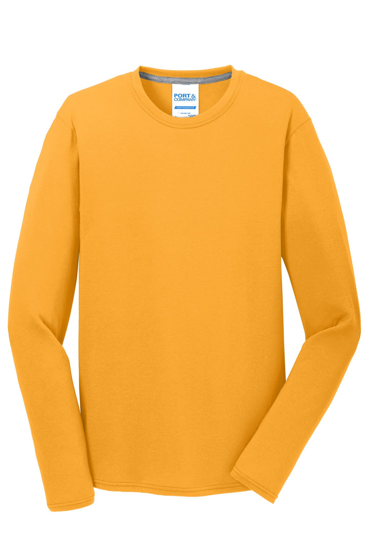 Front View of Gold Port & Company Long Sleeve Performance Blend Tee. PC381LS