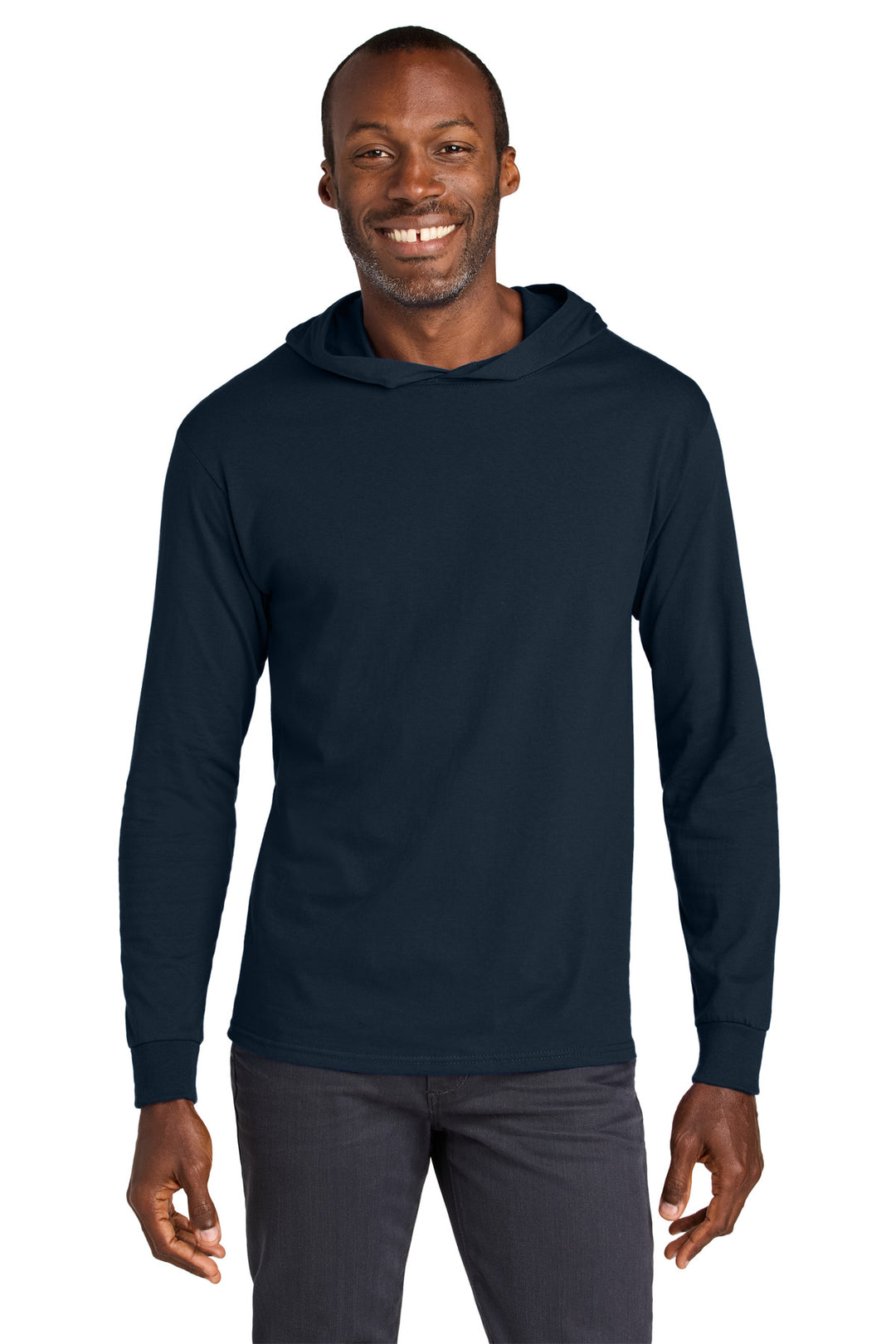 Front View of JNavy Jerzees Classics Unisex Cotton Long Sleeve Hooded T-Shirt 363LH