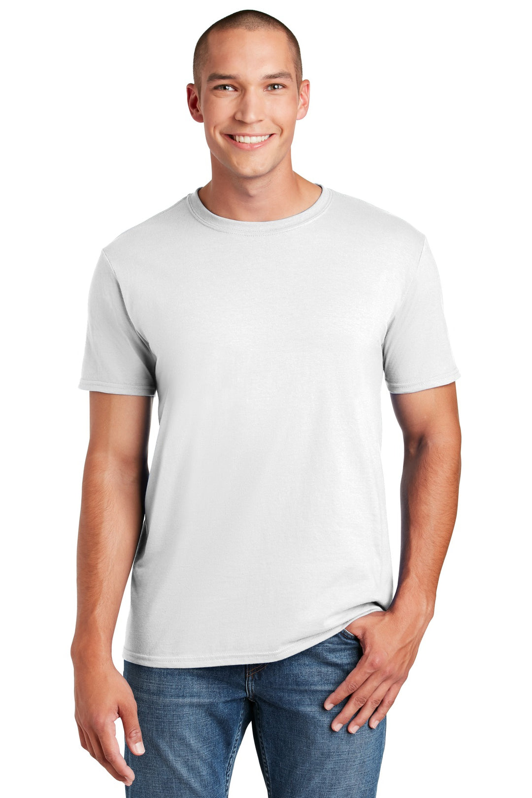 Front View of White Gildan Softstyle T-Shirt. 64000