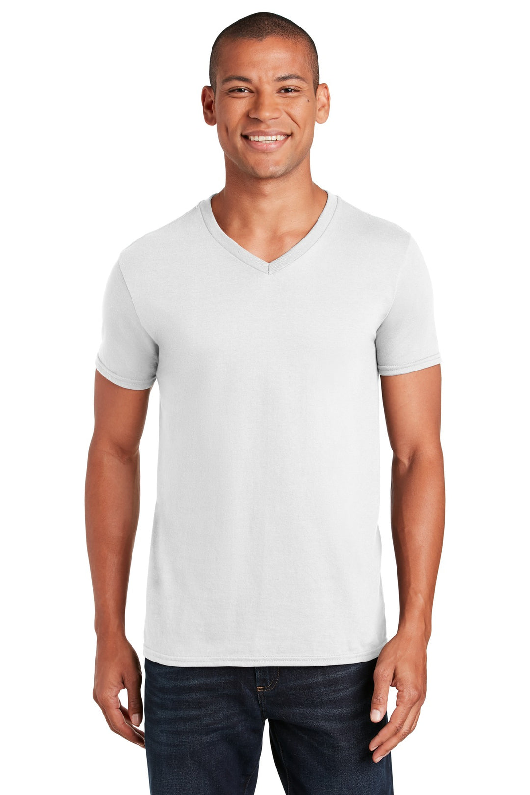 Front View of White Gildan Softstyle V-Neck T-Shirt. 64V00