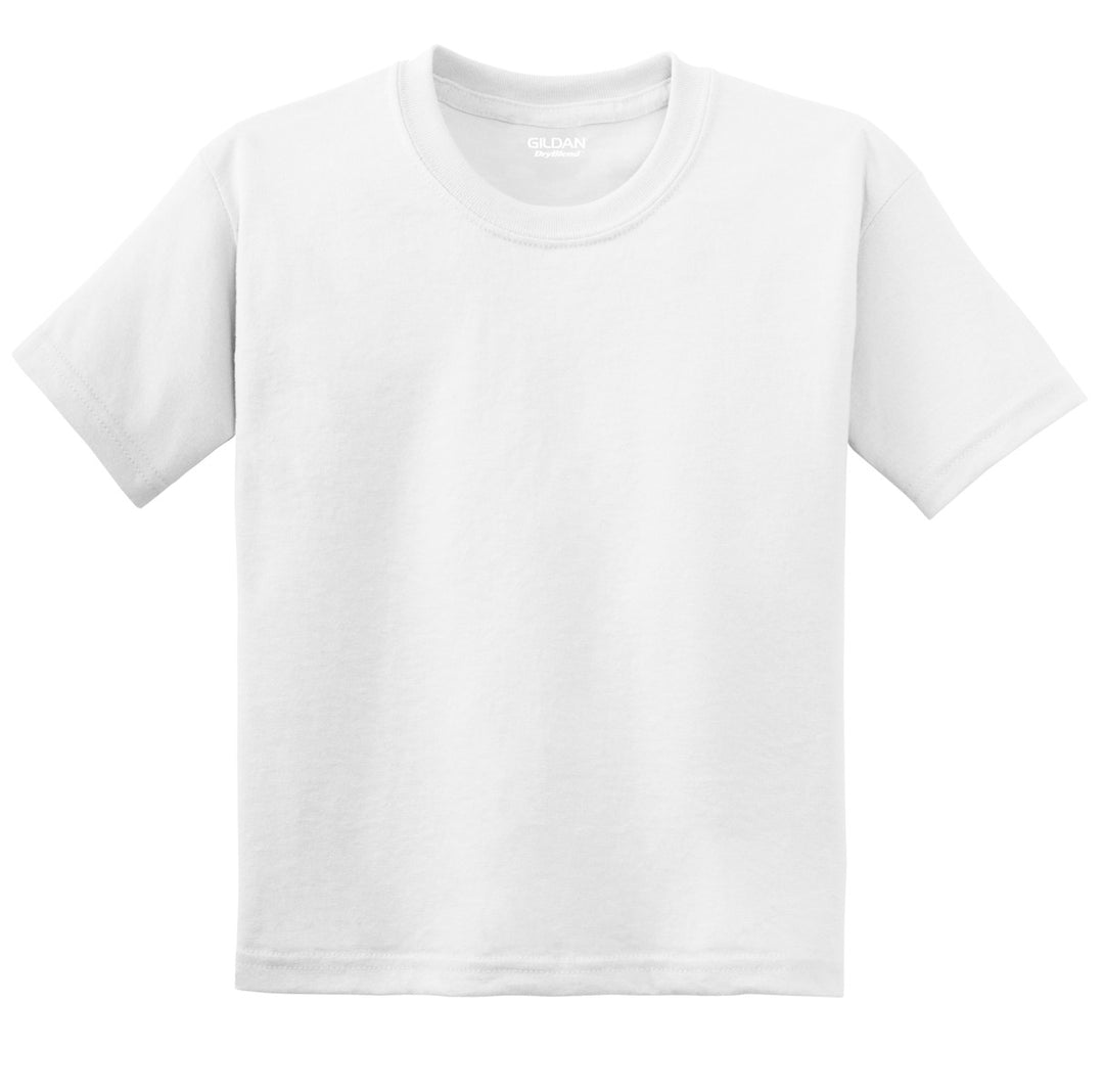 Front View of White Gildan Youth DryBlend 50 Cotton/50 Poly T-Shirt. 8000B
