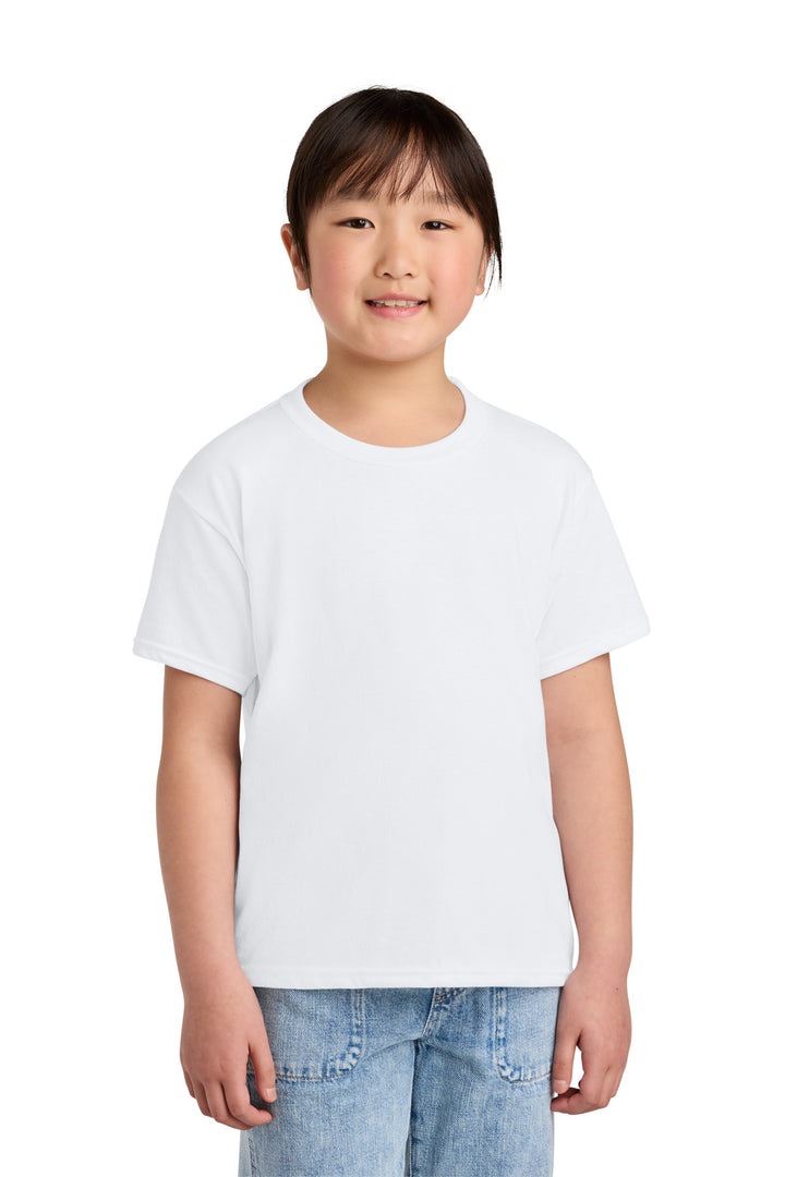 Front View of White Gildan Youth Softstyle CVC Tee 64000BCVC