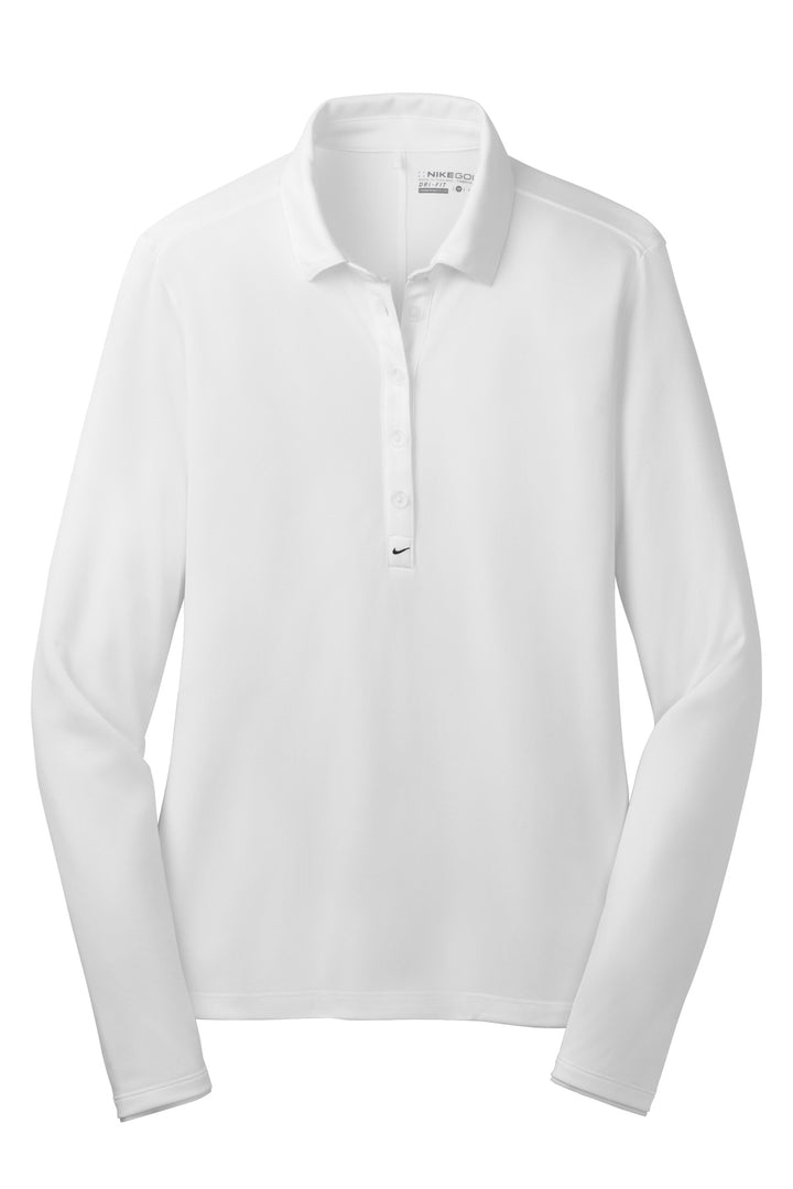 Front View of White Nike Women's Long Sleeve Dri-FIT Stretch Tech Polo. 545322