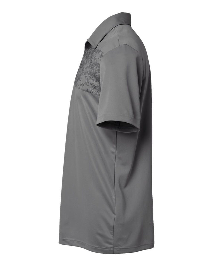 Left View of Grey Three Camo Chest Print Polo - A585