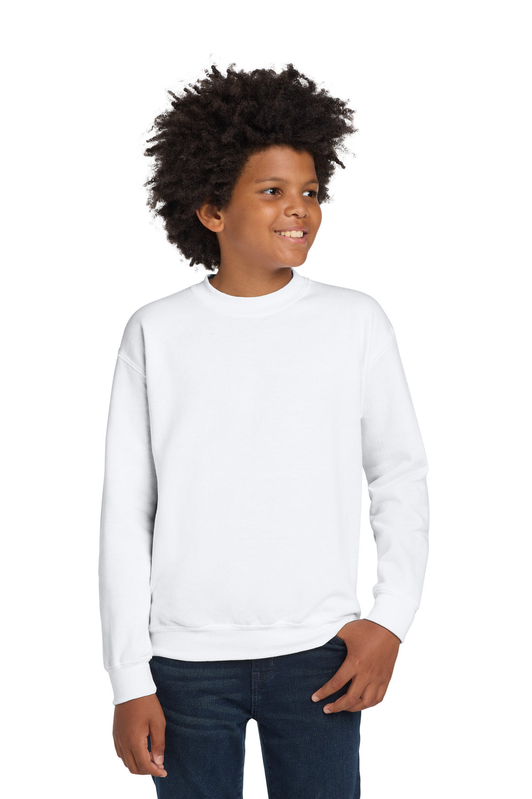 White Gildan Youth Heavy Blend Crewneck Sweatshirt. 18000B